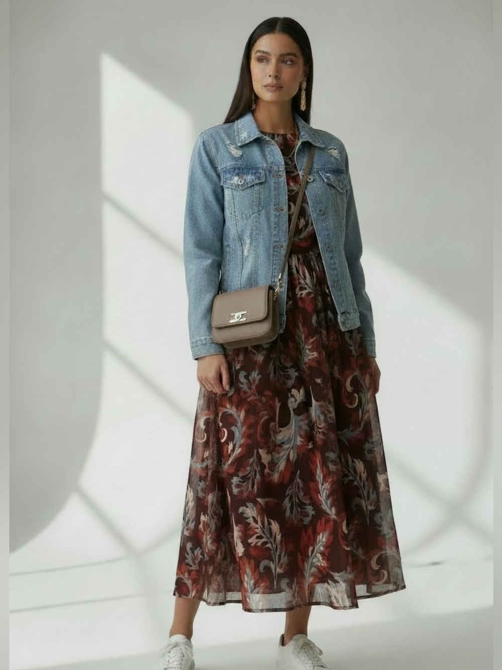 Merokeety Long-Sleeve Burgundy Leaf-Print Midi Dress - Picture 3 of 5